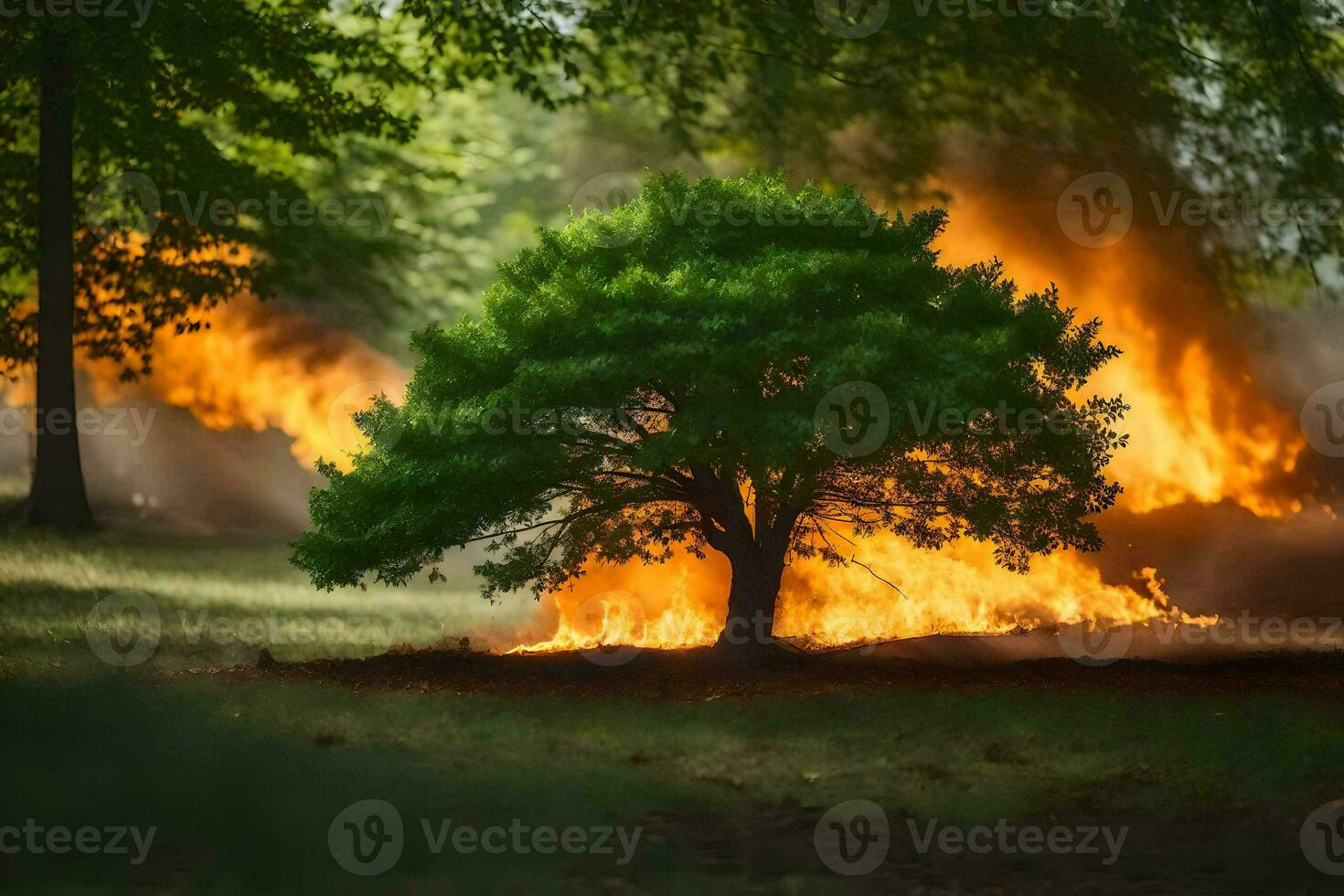 a tree is burning in the middle of a field. AI-Generated photo