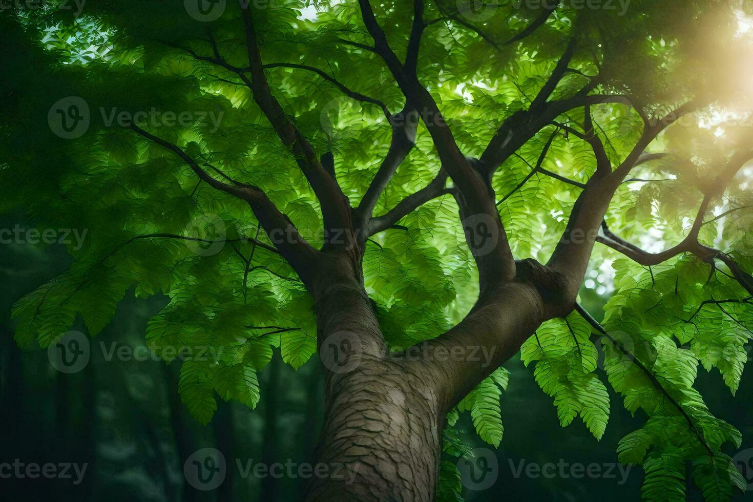 a tree with green leaves in the forest. AI-Generated photo