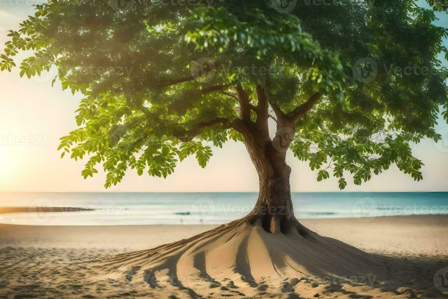 a tree on the beach with sand and water. AI-Generated photo