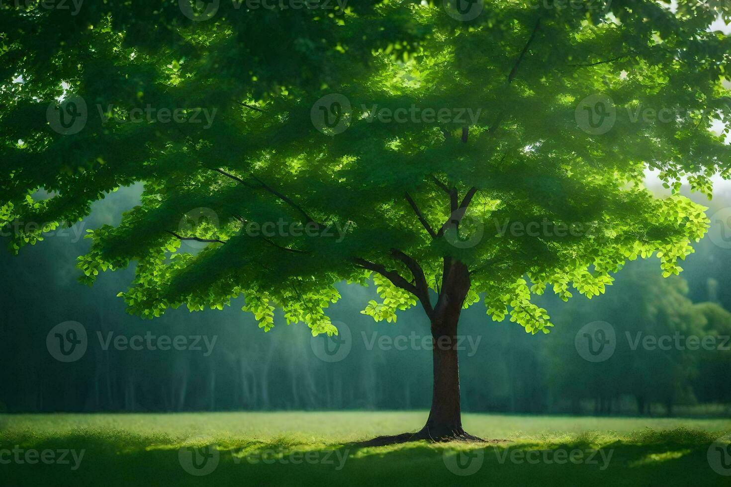 a tree is standing in the middle of a field. AI-Generated photo