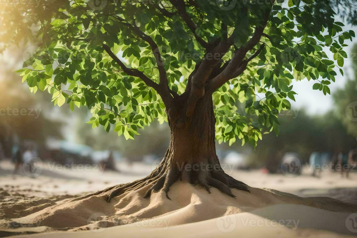 a tree with roots growing out of the sand. AI-Generated photo