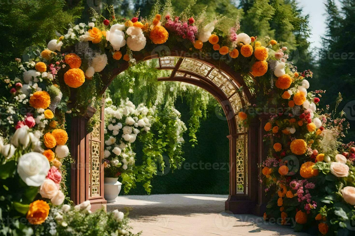 an archway with flowers and greenery. AI-Generated photo