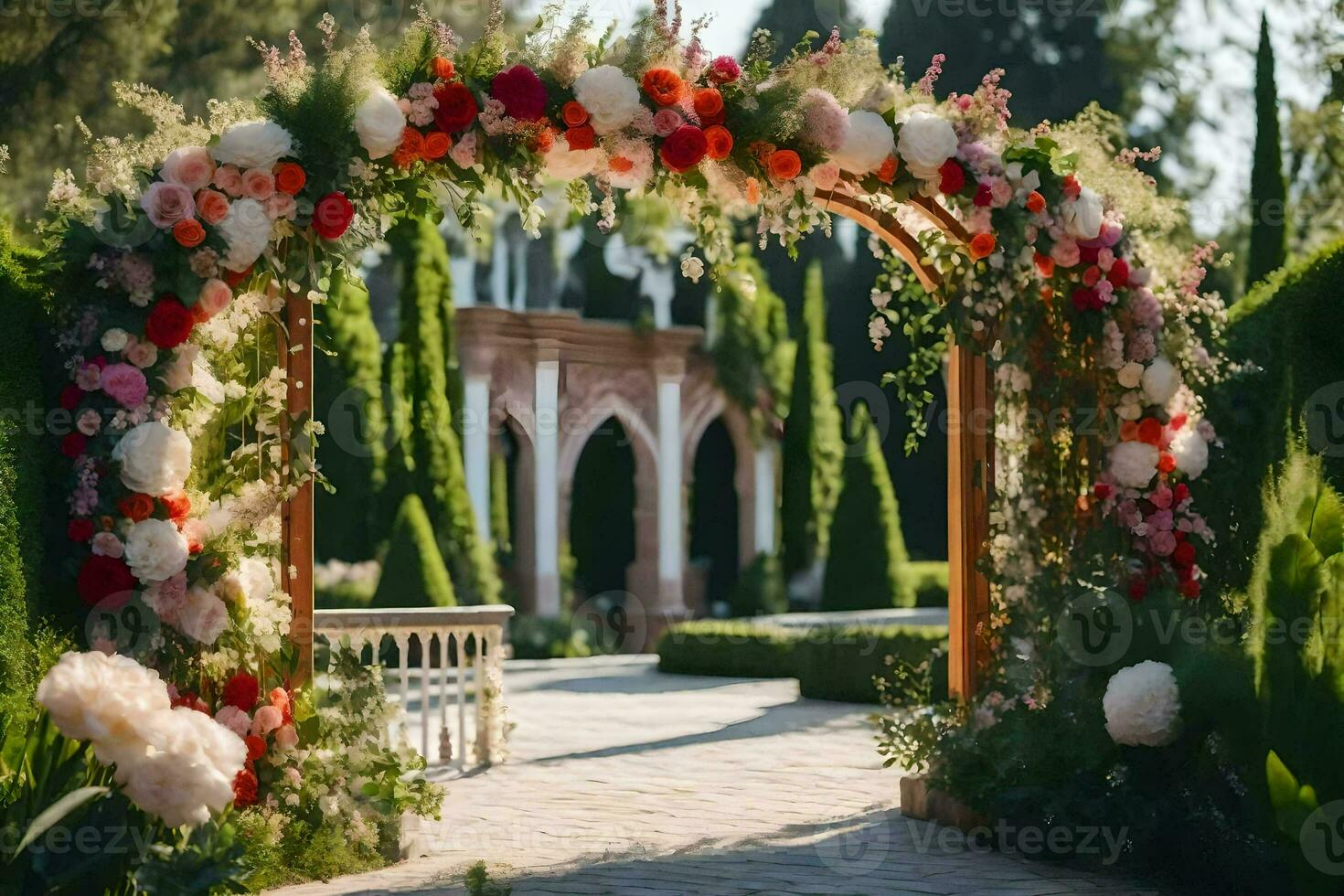 an archway with flowers and greenery. AI-Generated photo