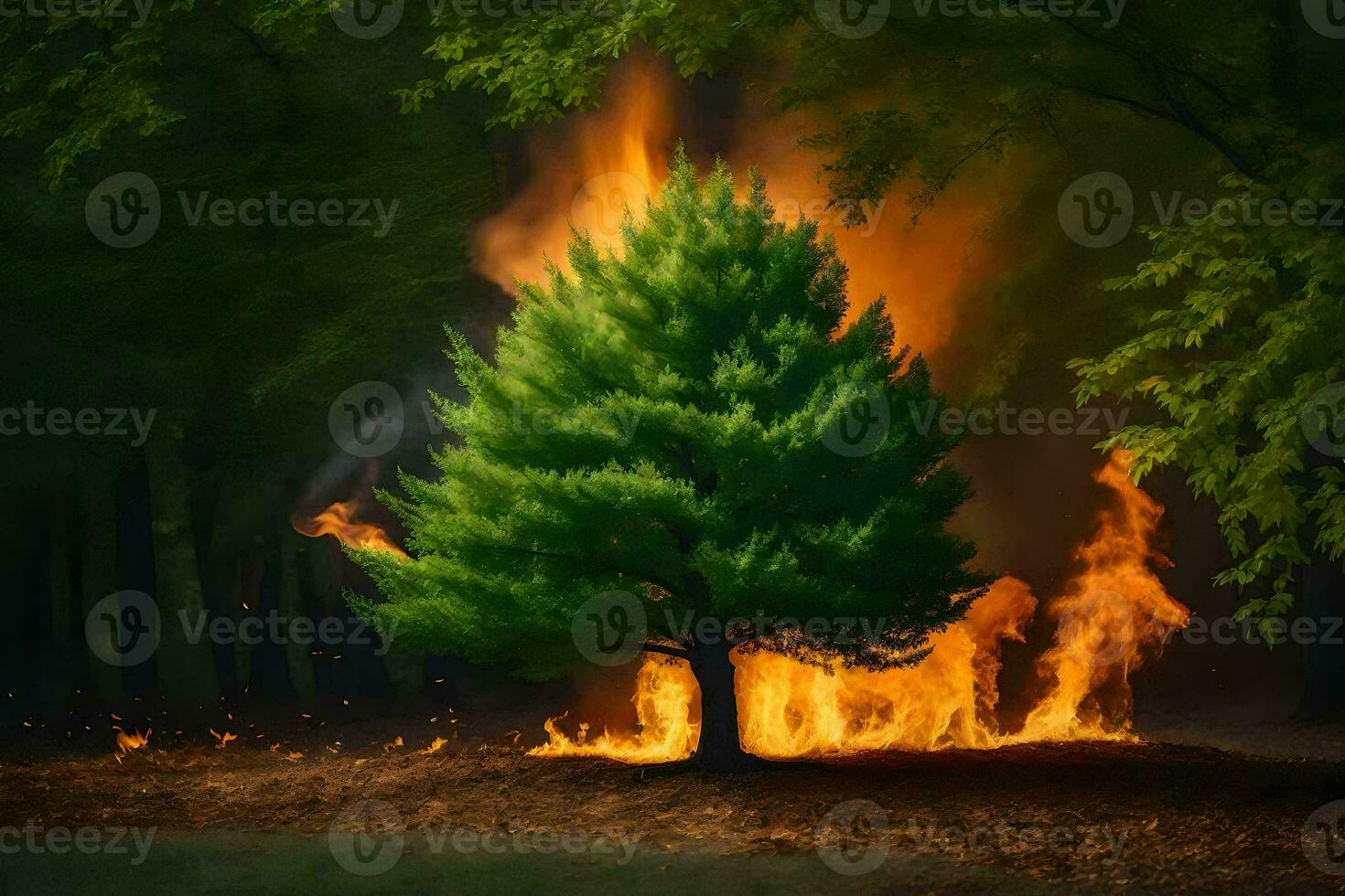 a tree is burning in the woods. AI-Generated photo