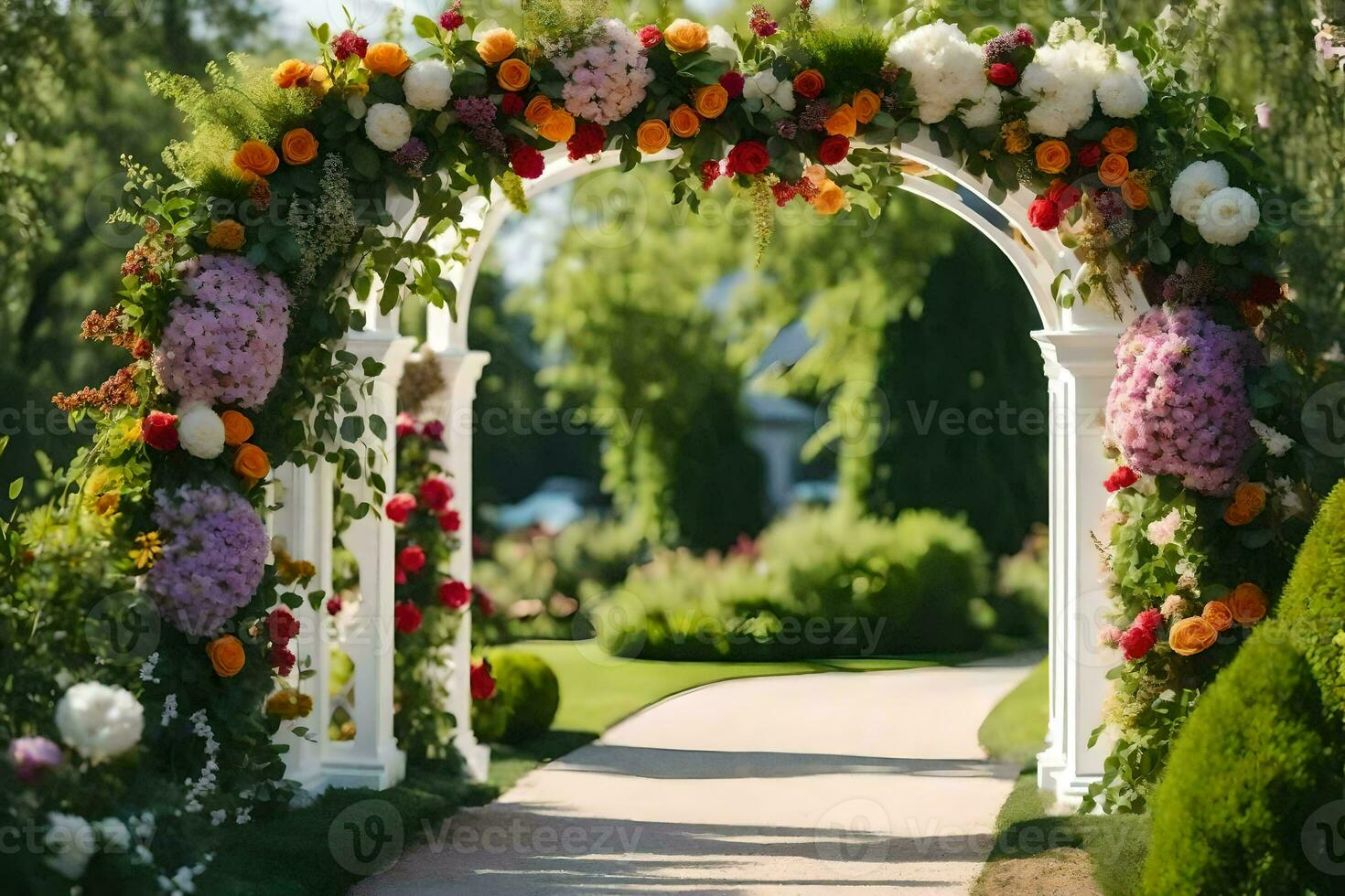 un Boda arco con flores y verdor. generado por ai foto