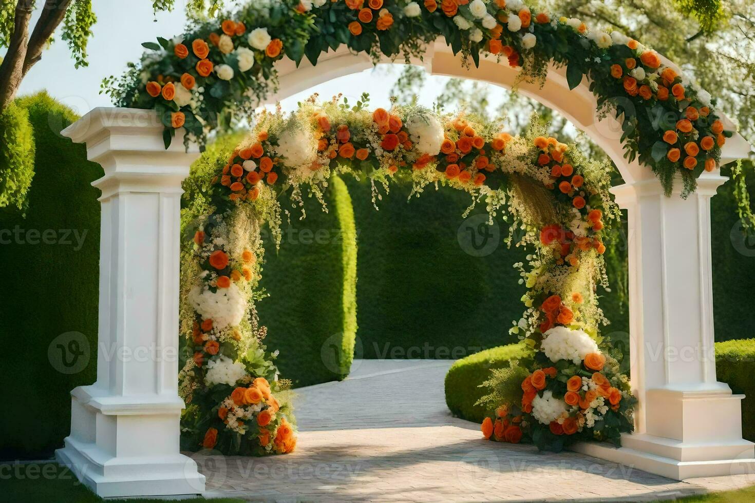 an archway decorated with orange and white flowers. AI-Generated photo