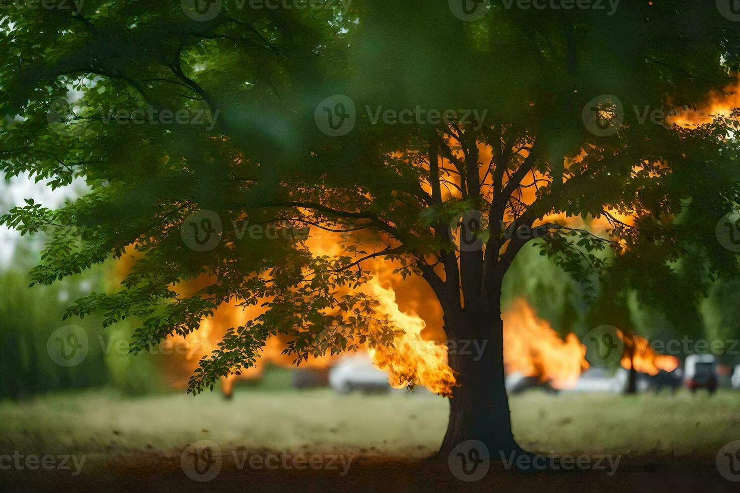 a tree with flames coming out of it. AI-Generated photo