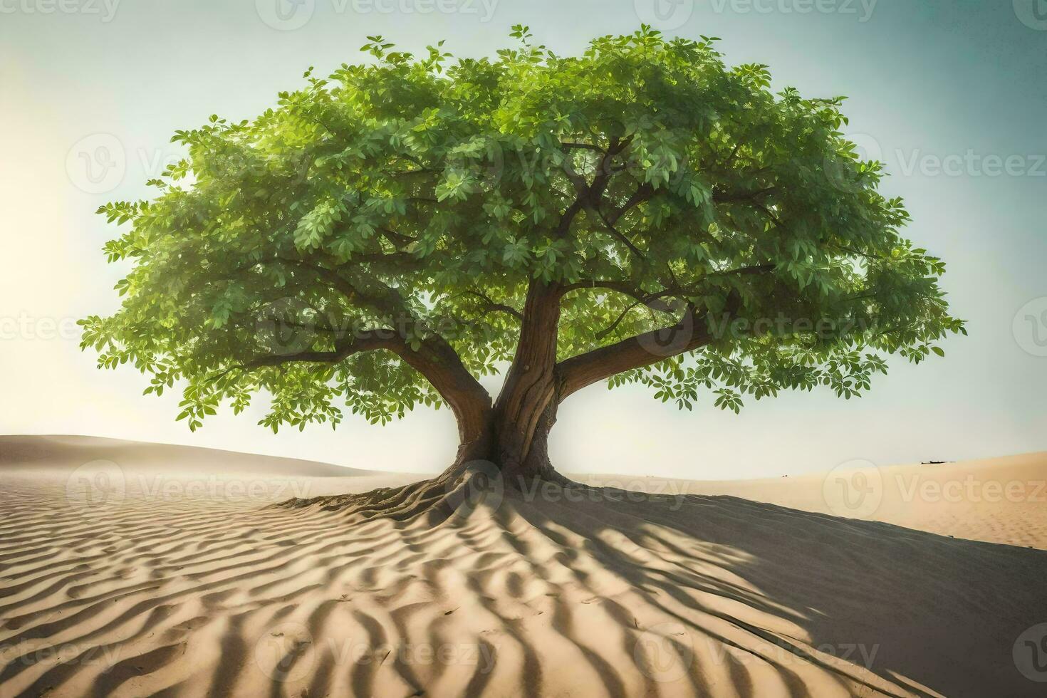 a tree in the desert with sand dunes. AI-Generated photo