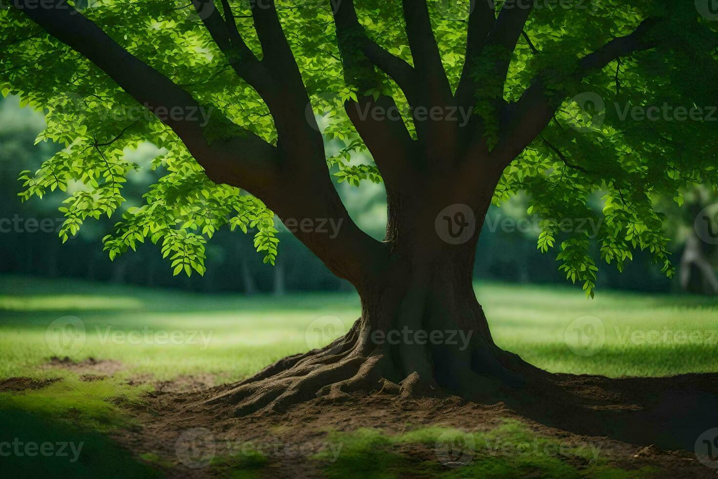 un árbol con raíces en el césped. generado por ai foto