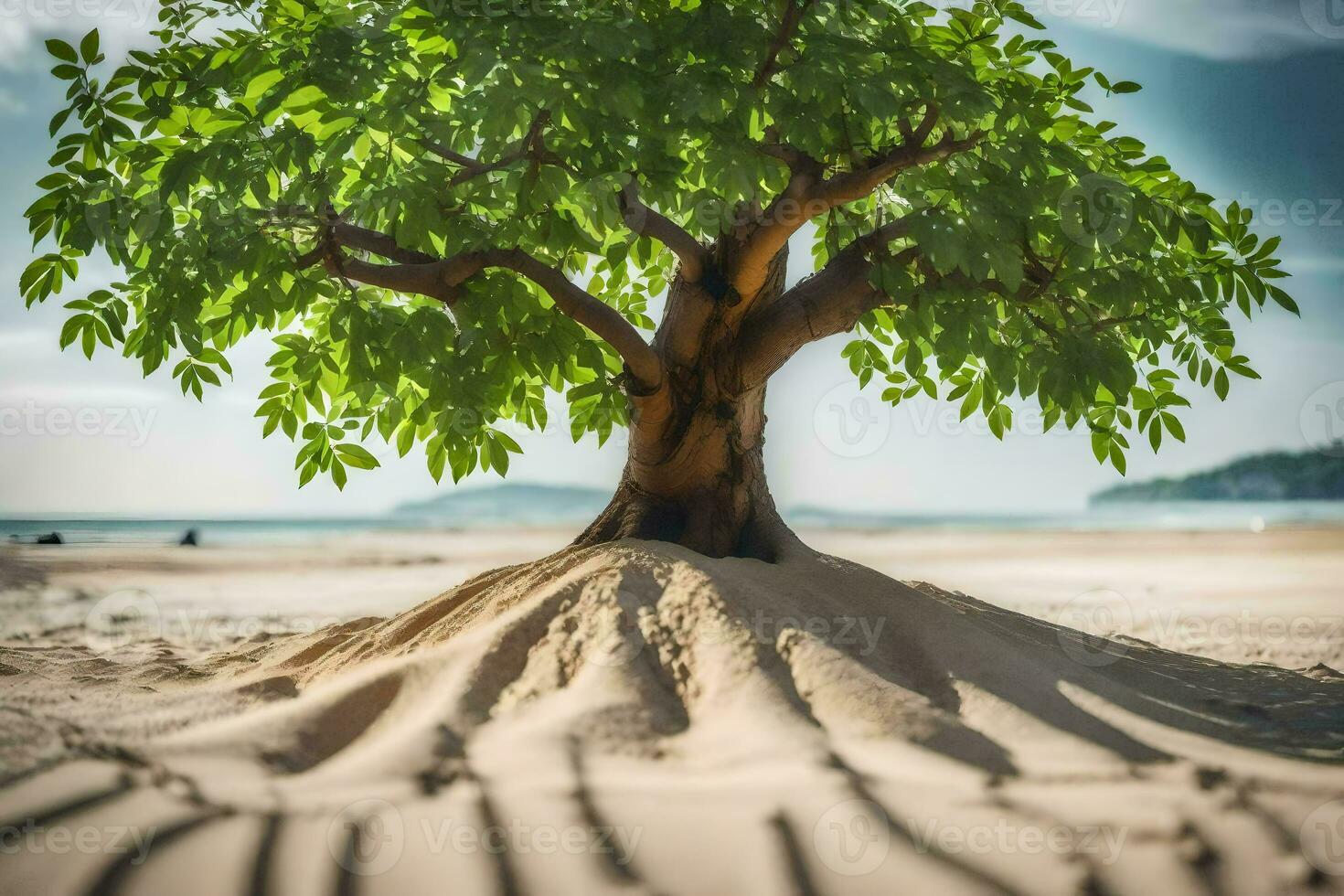 a tree growing out of the sand on the beach. AI-Generated photo