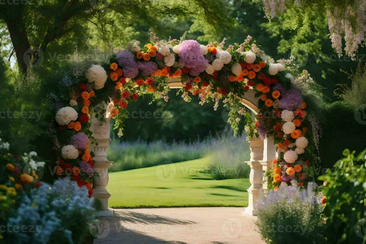 un Boda arco decorado con flores en el jardín. generado por ai foto
