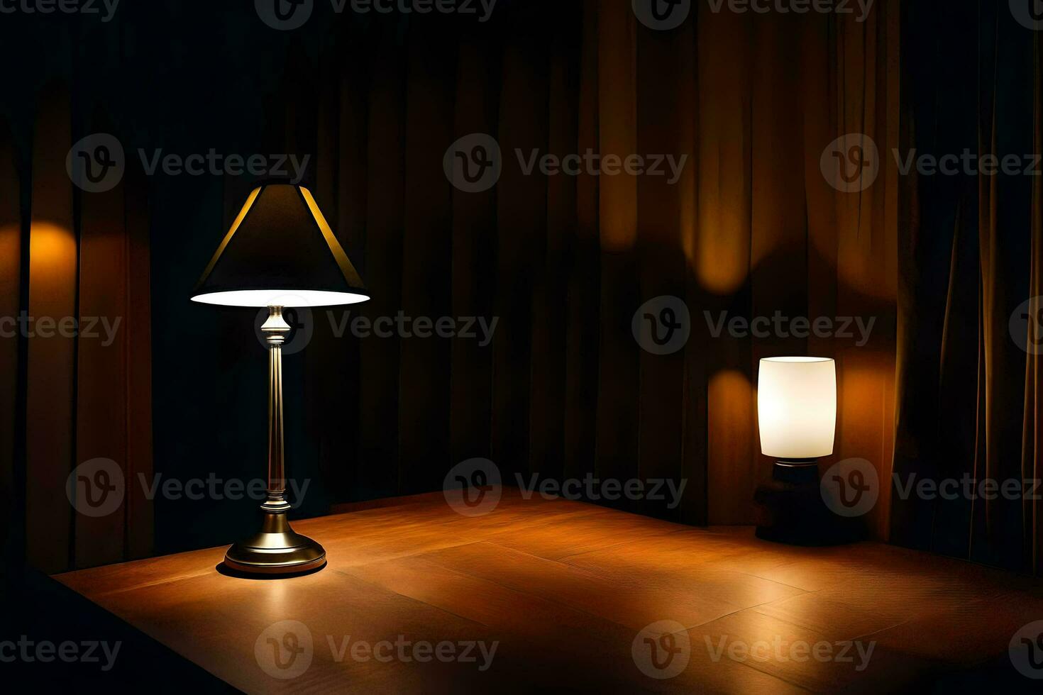 a lamp and a table in the dark. AI-Generated photo