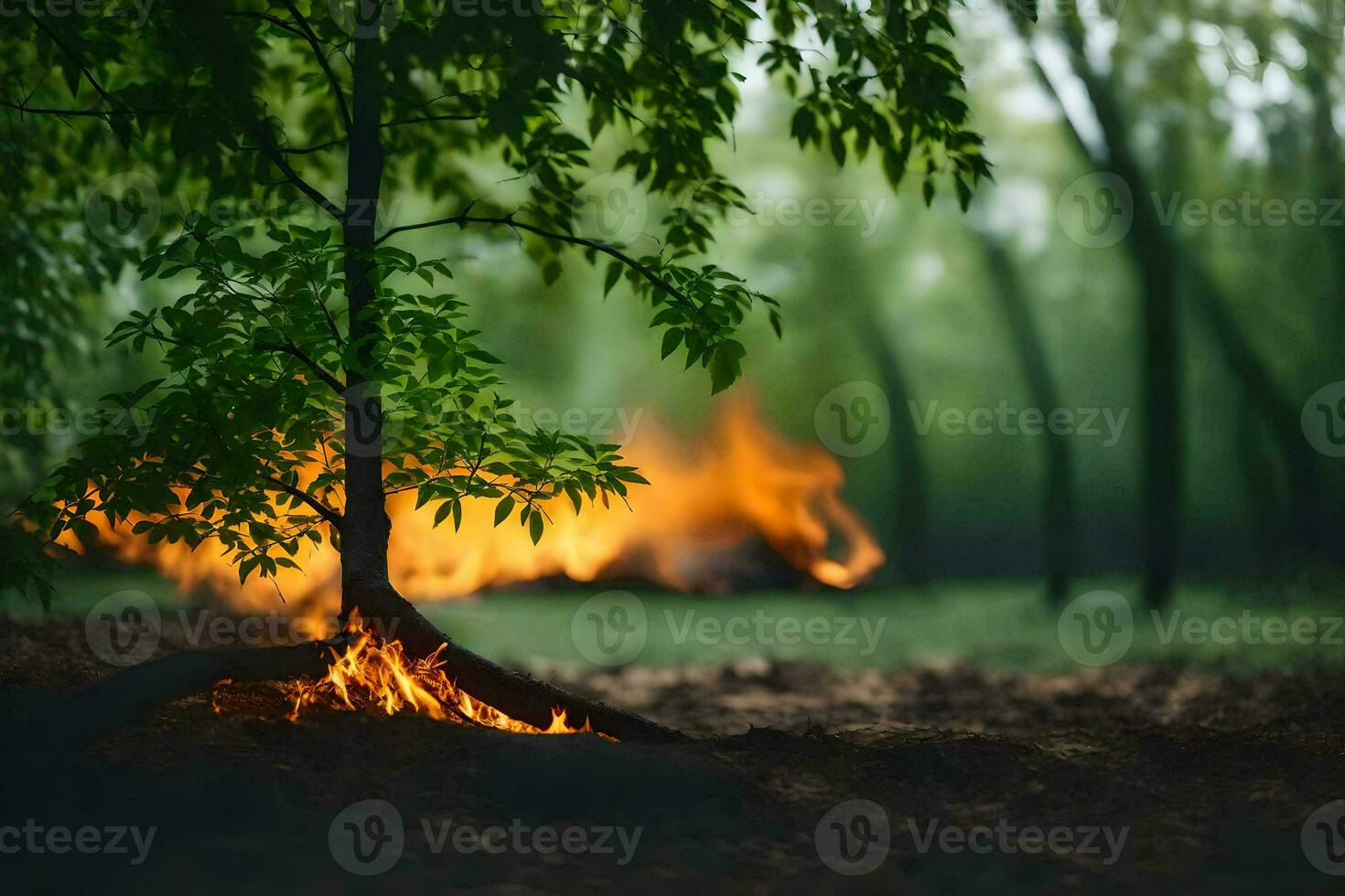 a tree with fire in the background. AI-Generated photo