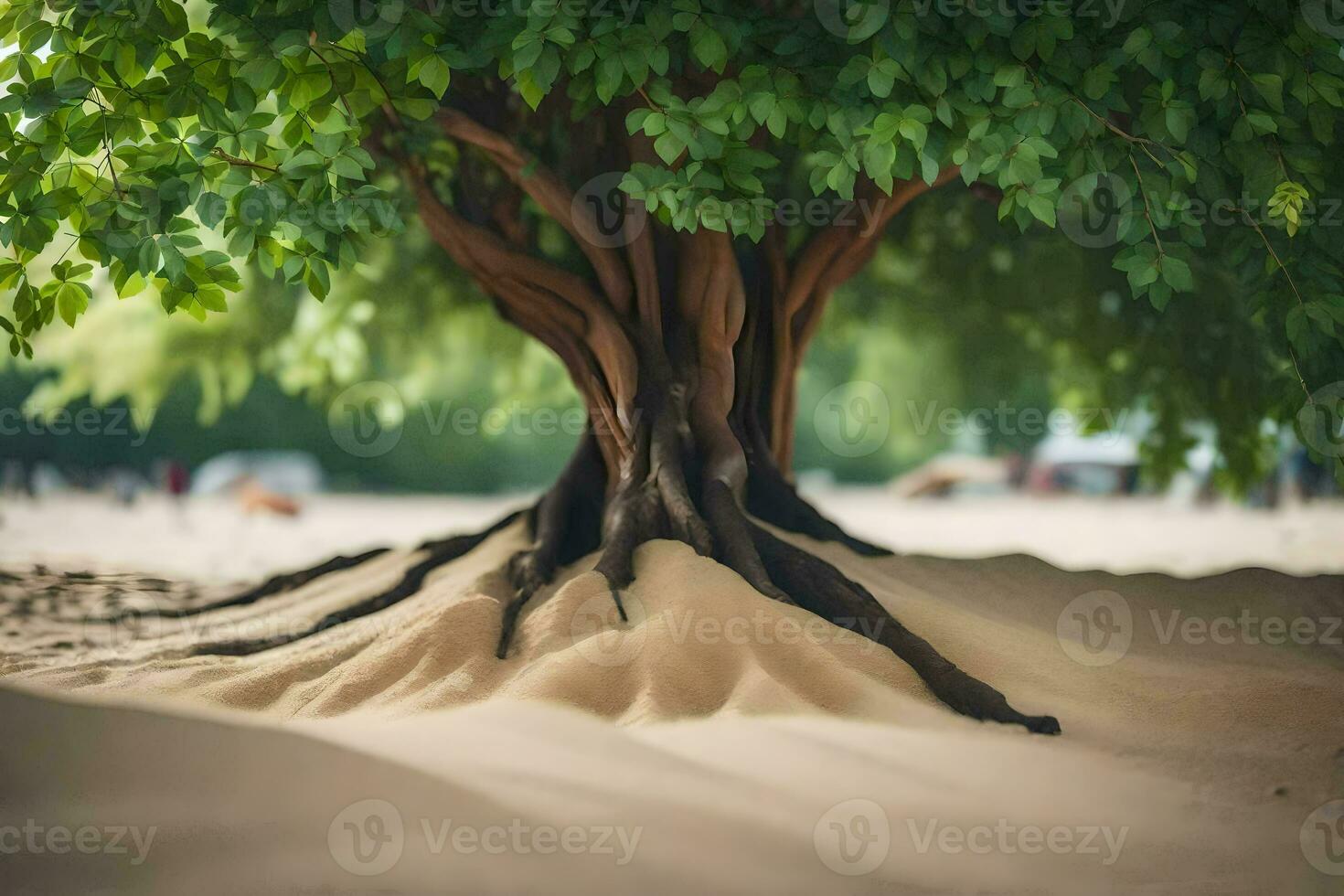 a tree with roots growing out of the sand. AI-Generated photo