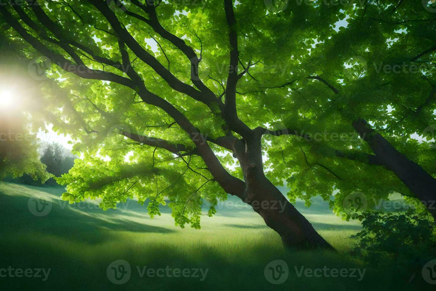 foto fondo de pantalla el cielo, árboles, césped, sol, verde, árboles, césped, el césped. generado por ai