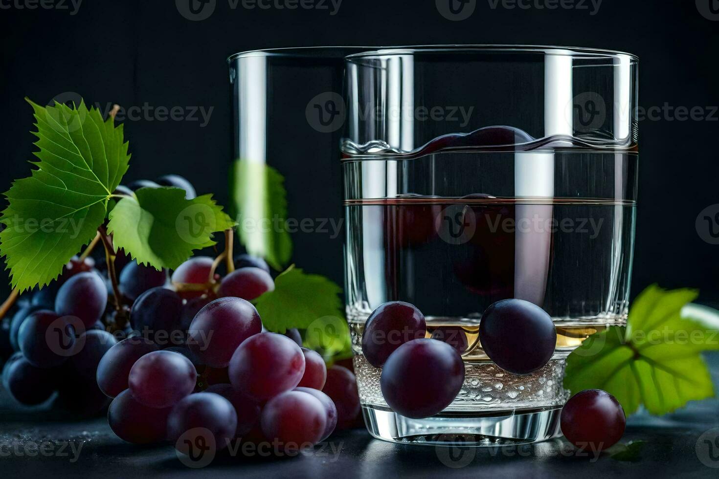 a glass of water with grapes and leaves. AI-Generated photo