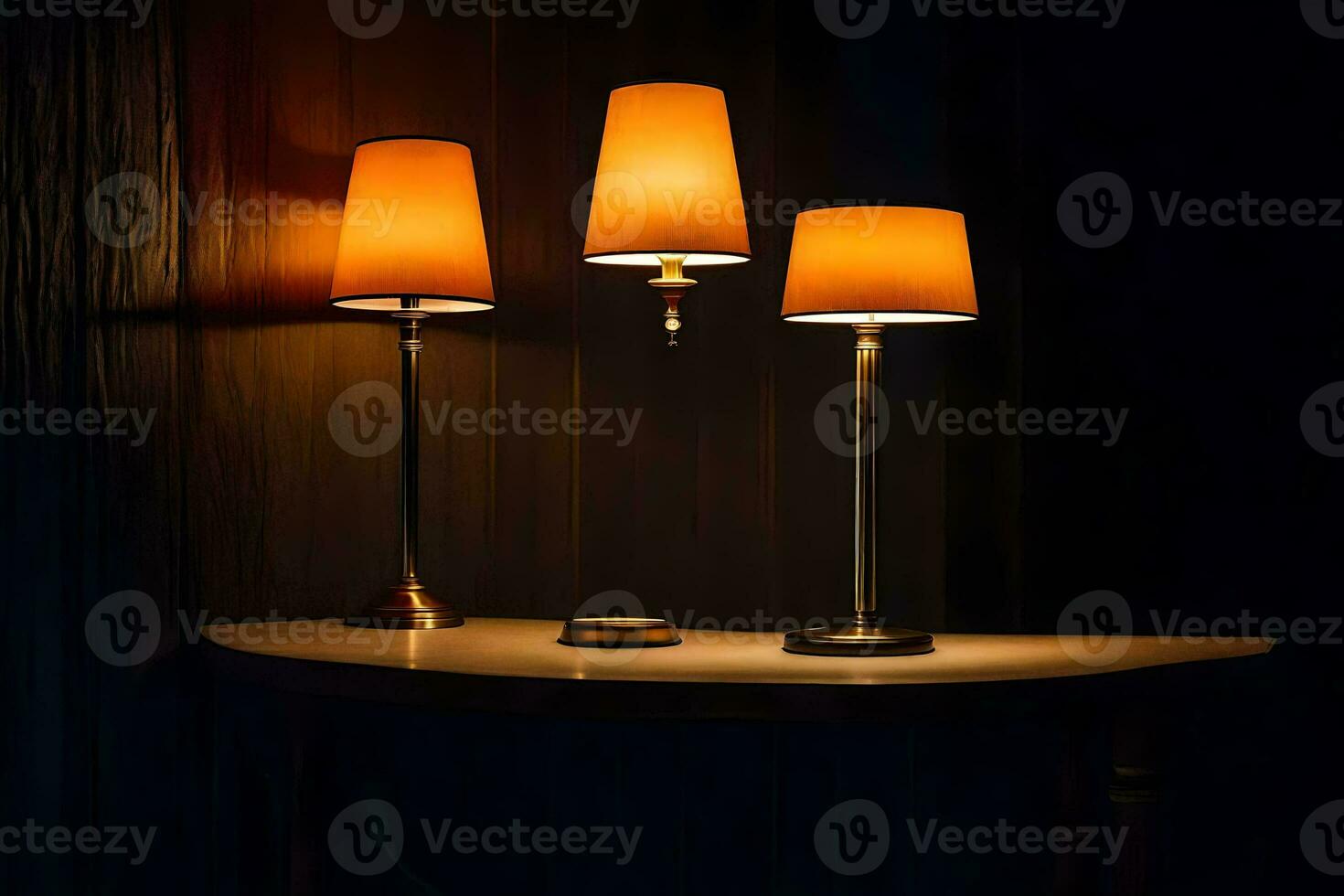 three lamps on a table in the dark. AI-Generated photo