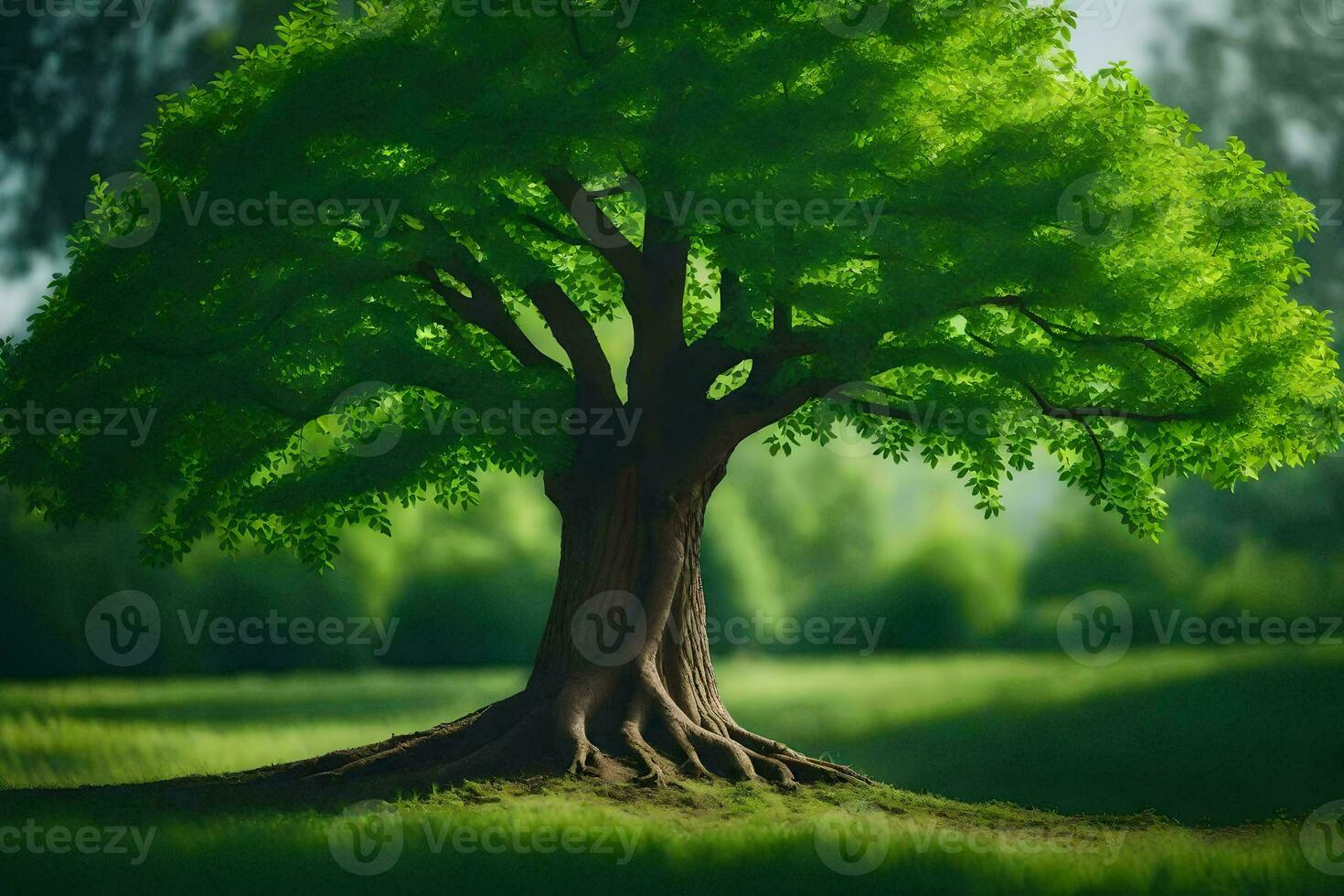 a tree with roots in the grass. AI-Generated photo