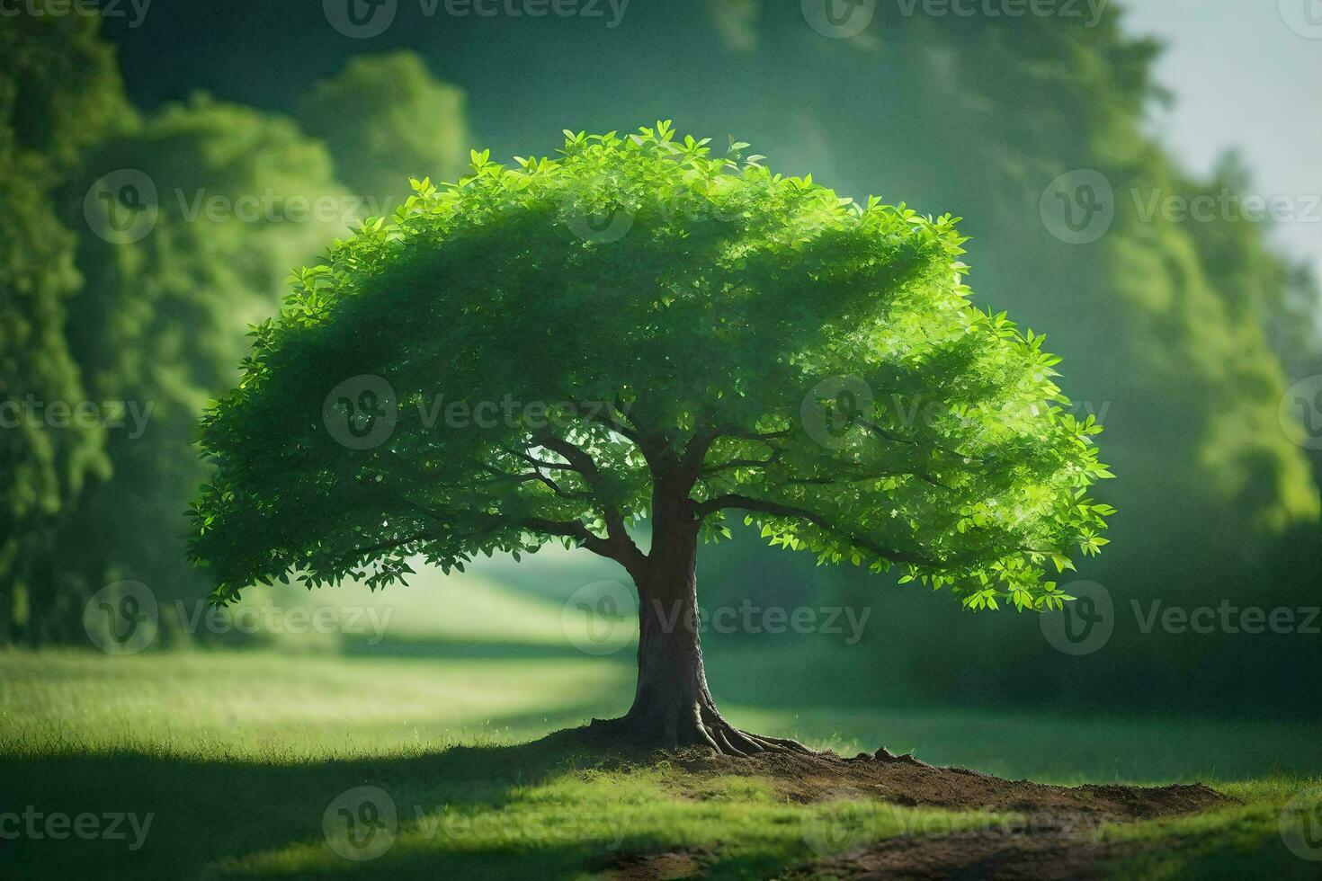 a tree is standing in the middle of a field. AI-Generated photo