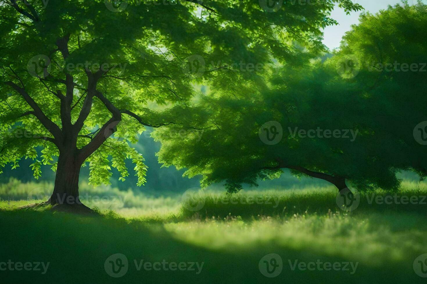 a tree in a field with green grass and trees. AI-Generated photo