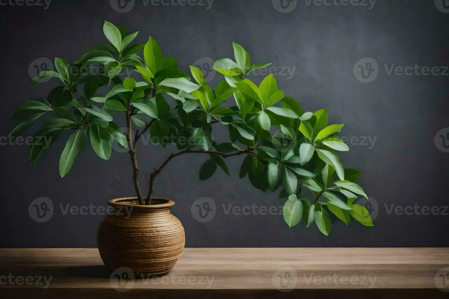 a small plant in a brown vase on a table. AI-Generated photo