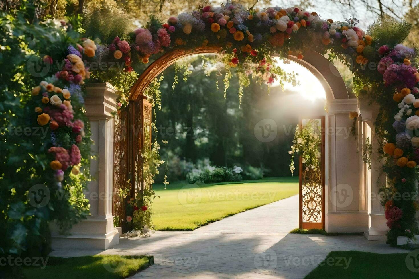 a beautiful archway with flowers and grass. AI-Generated photo