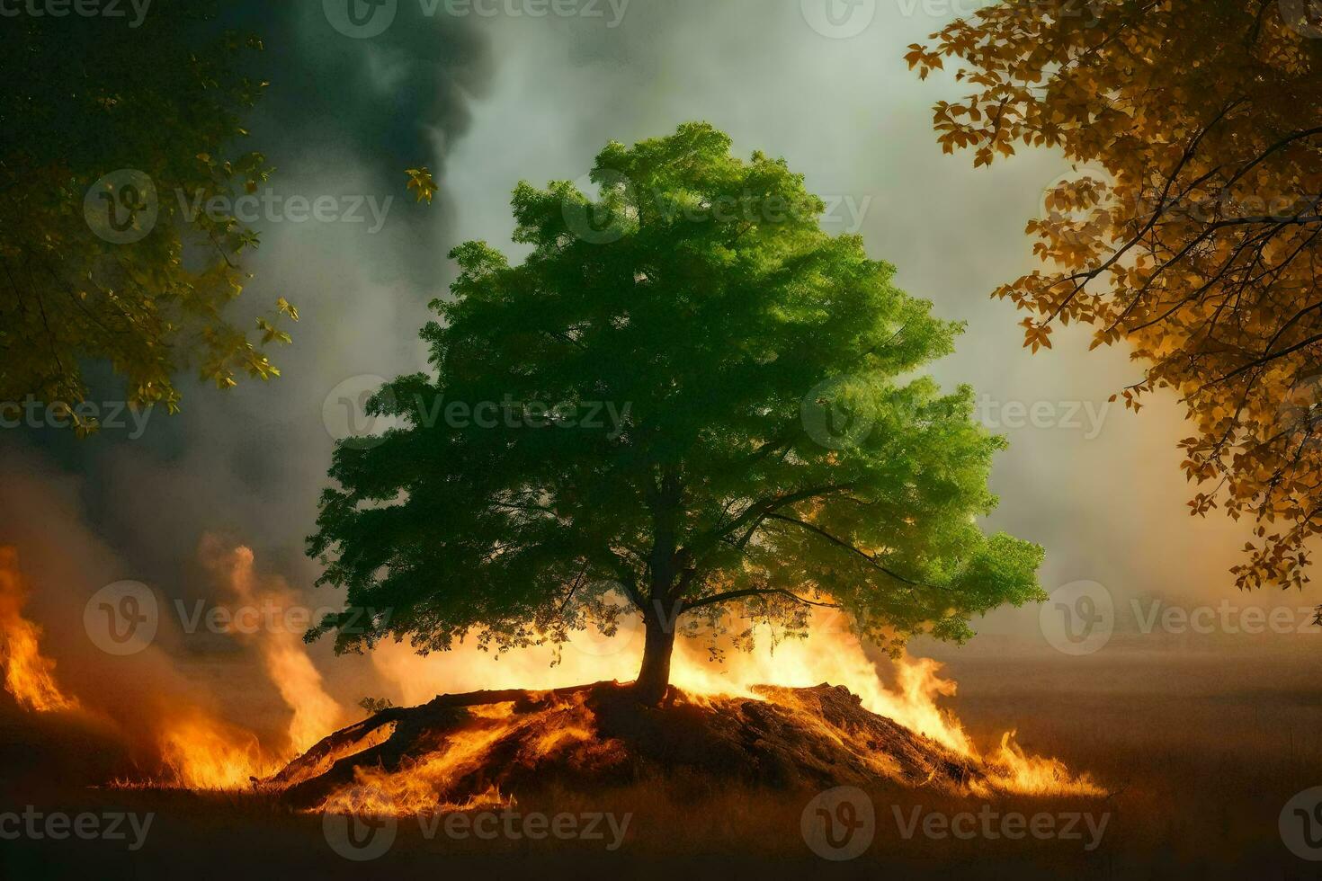 a tree is on fire in the middle of a field. AI-Generated photo