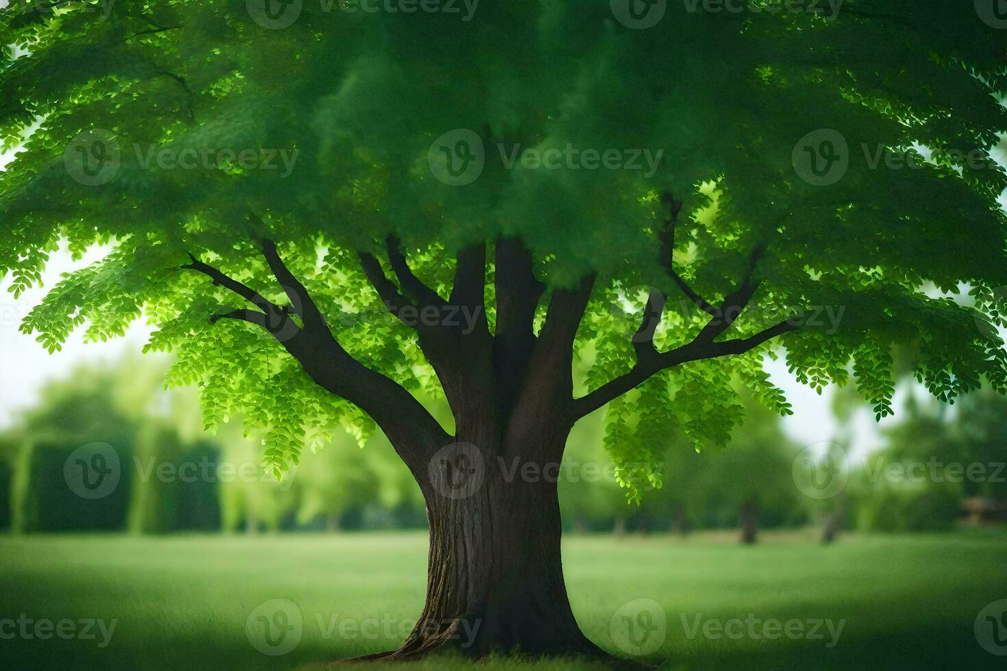 a tree in a field with grass and trees. AI-Generated photo