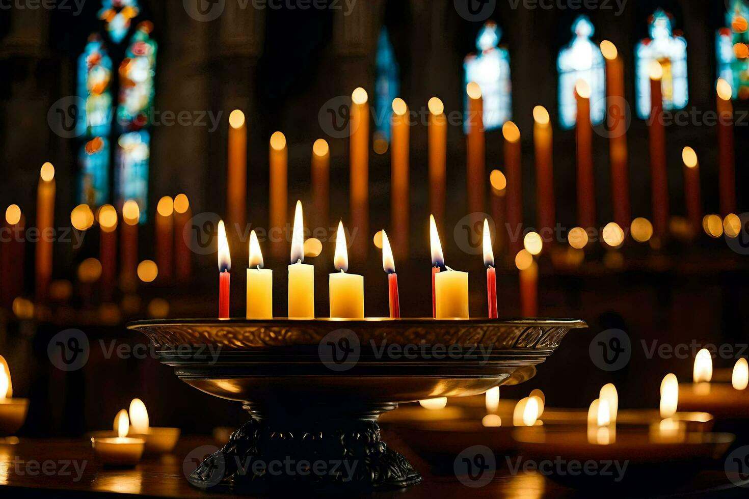candles are lit in a church with candles. AI-Generated photo