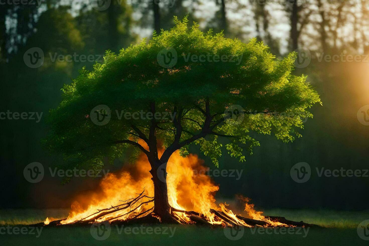 a tree is burning in the middle of a field. AI-Generated photo