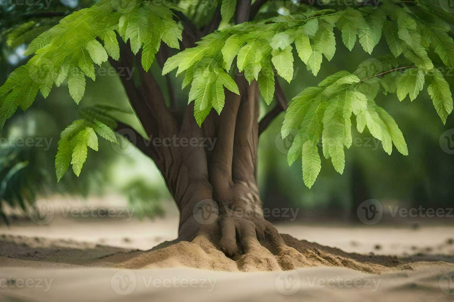 a tree with roots in the sand. AI-Generated photo