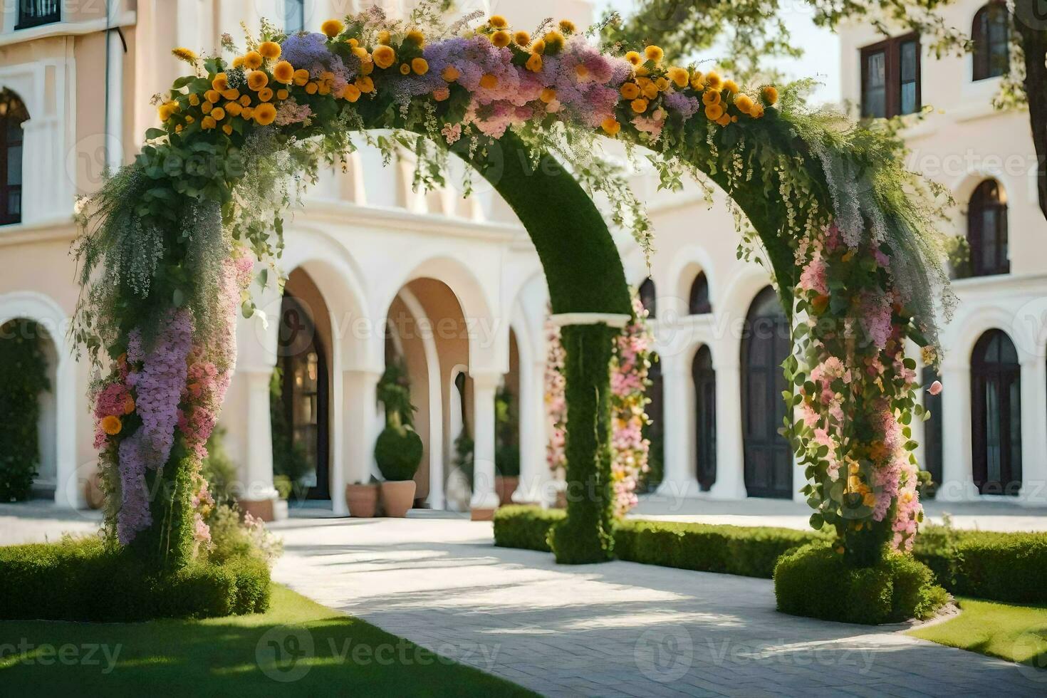 a wedding arch with flowers and greenery. AI-Generated photo