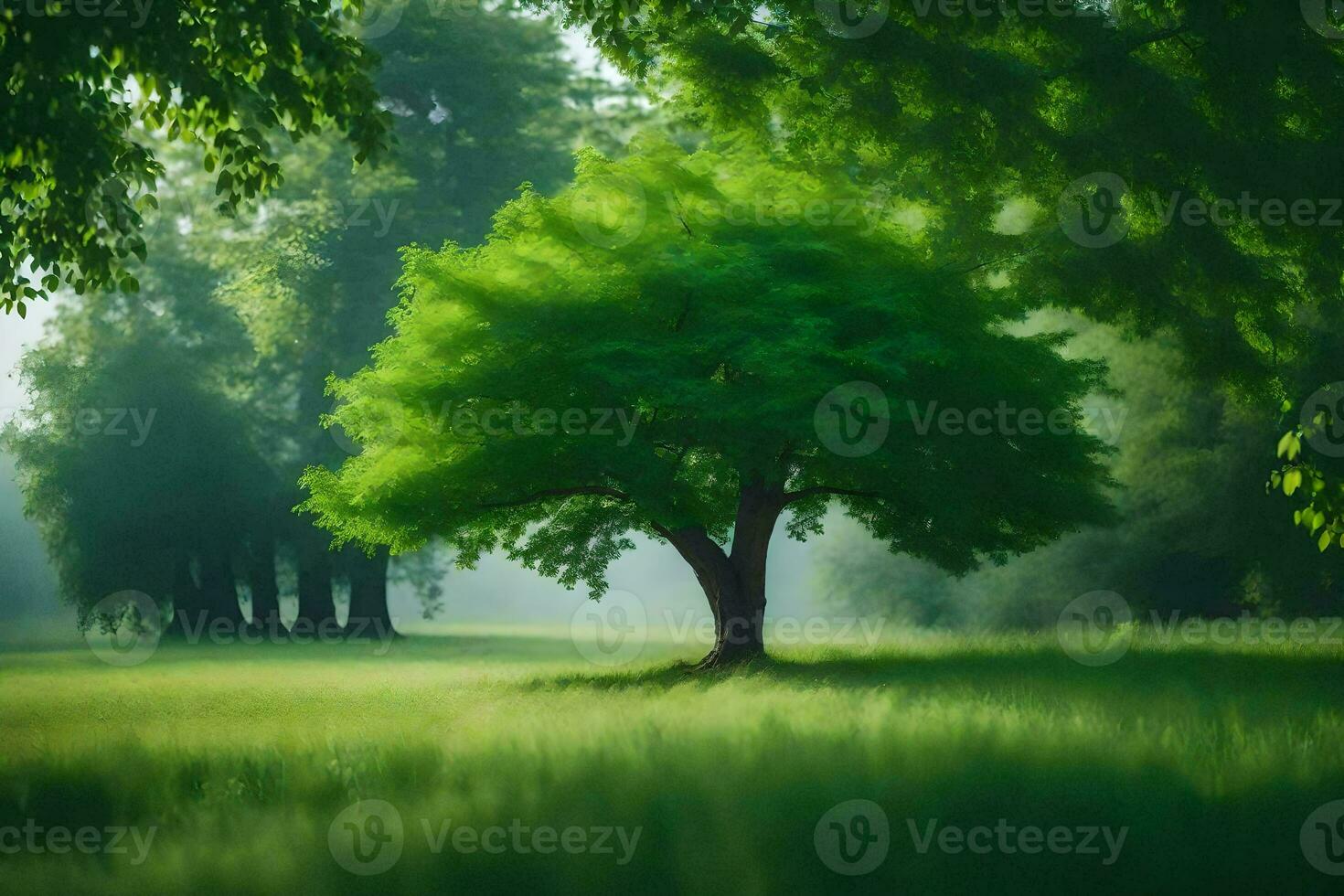 a tree in the middle of a green field. AI-Generated photo