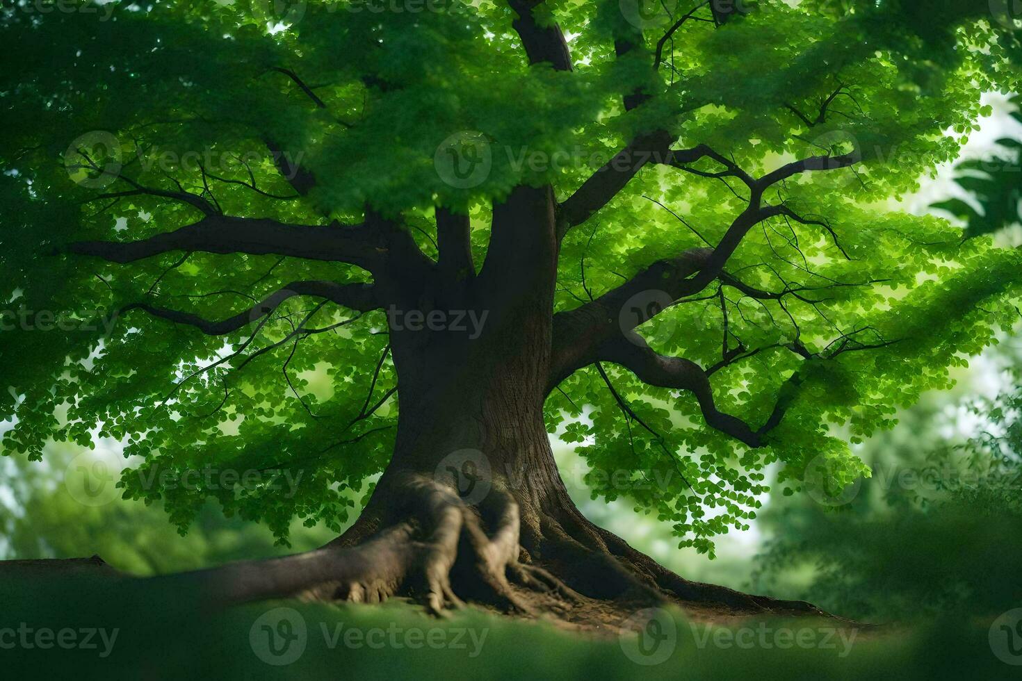 a large tree with roots in the middle of a green field. AI-Generated photo