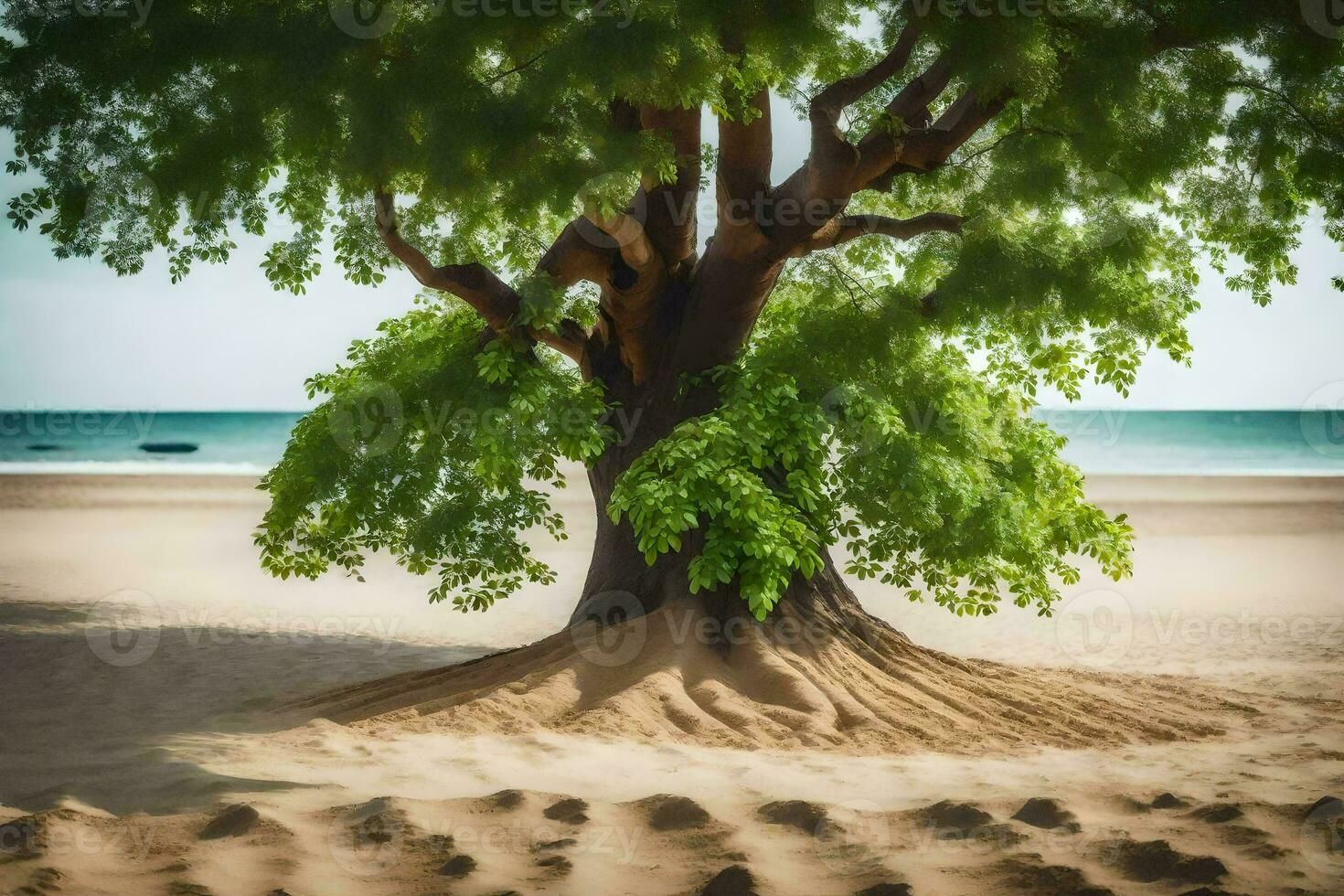 a tree on the beach with sand and water. AI-Generated photo