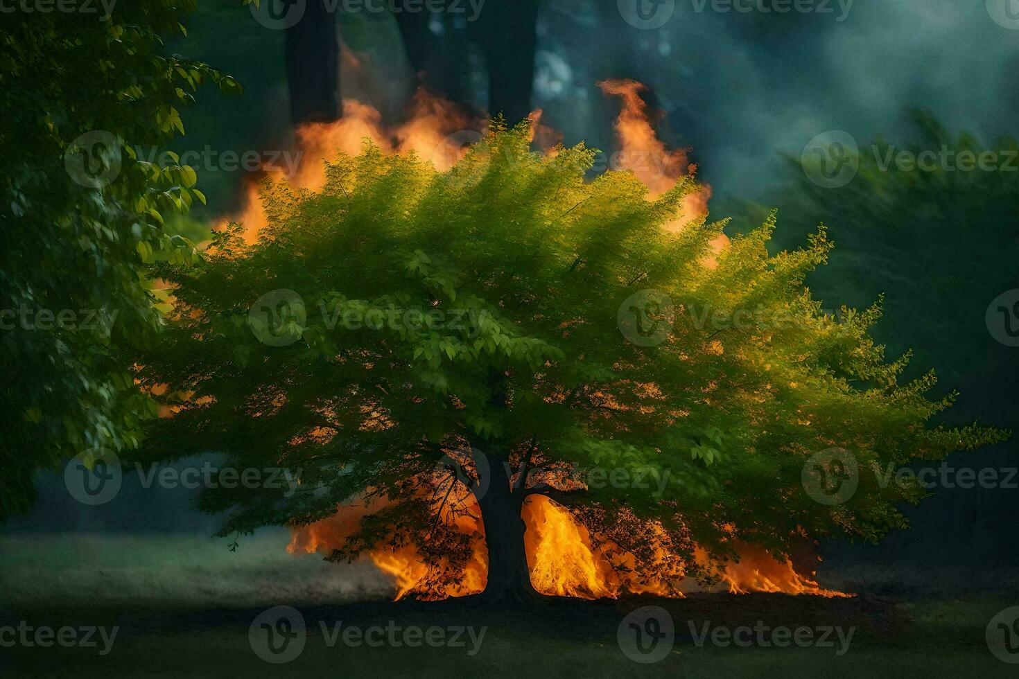 a tree with flames coming out of it. AI-Generated photo