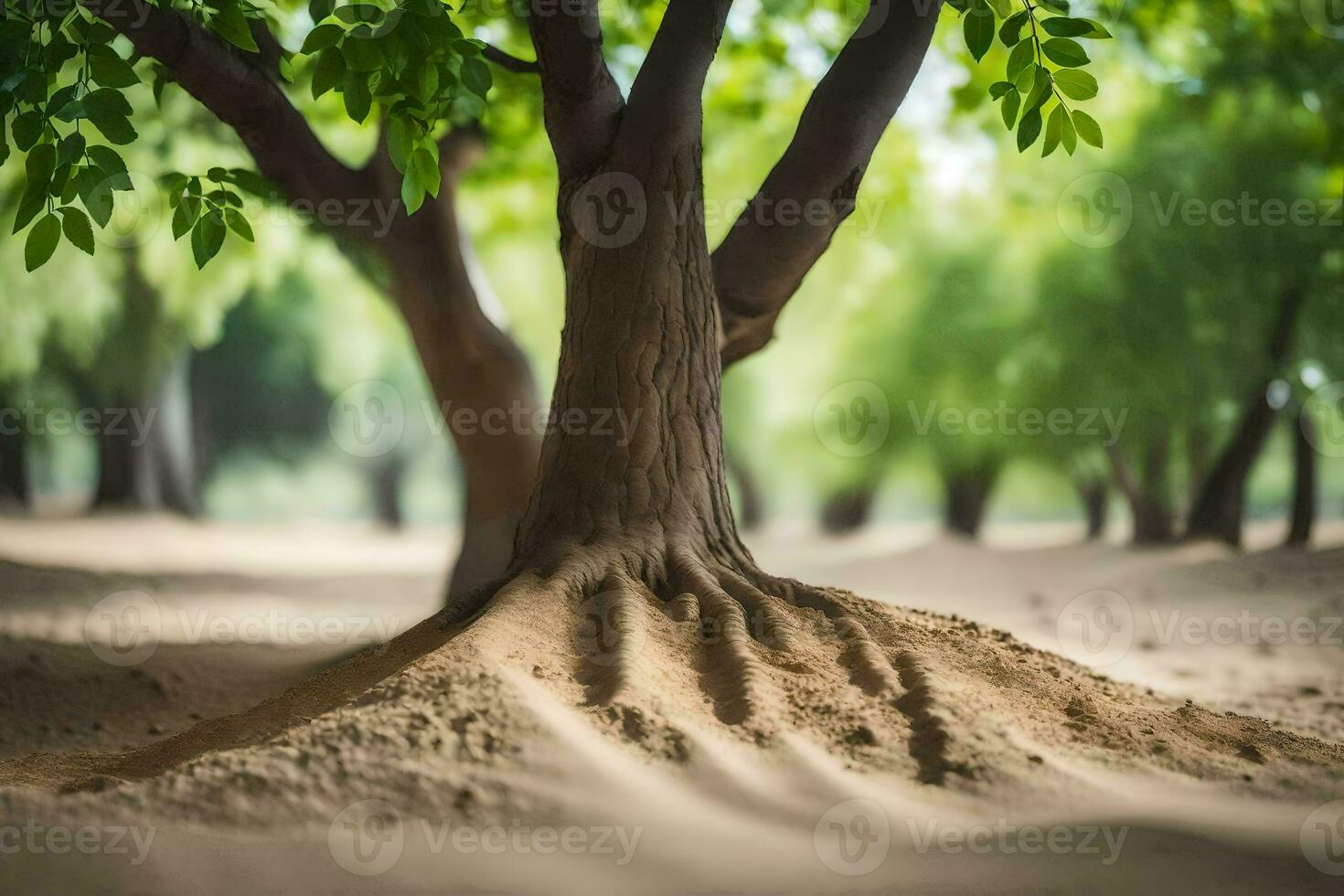 a tree with roots in the sand. AI-Generated photo