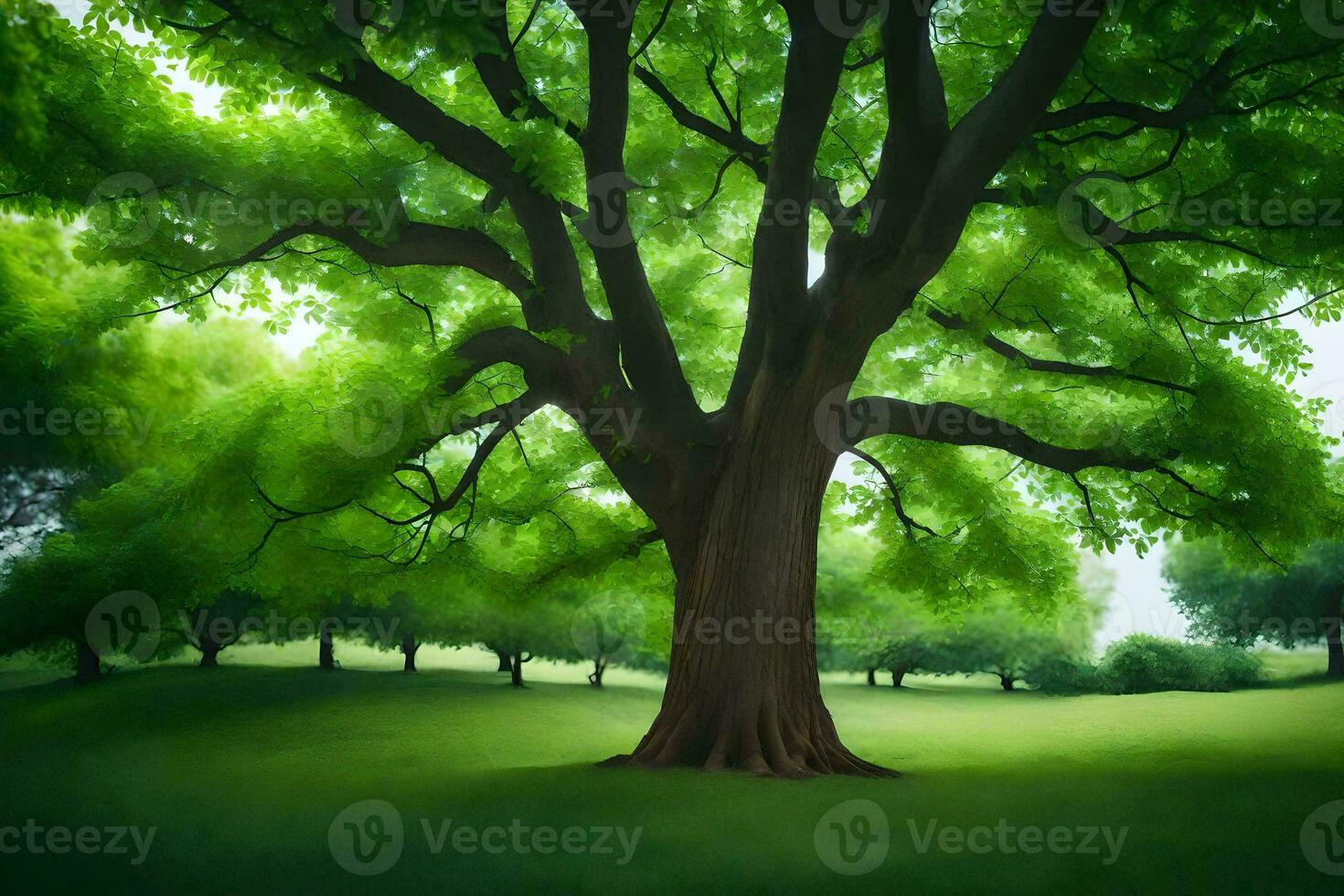 a painting of a large tree in a green field. AI-Generated photo