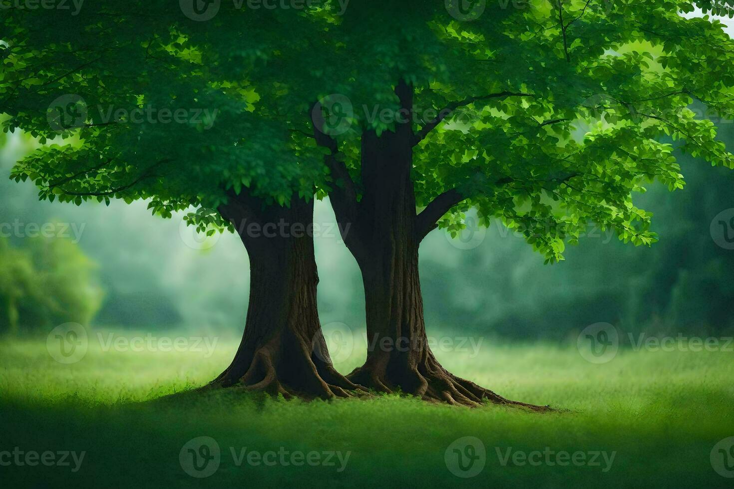 two trees in the middle of a green field. AI-Generated photo