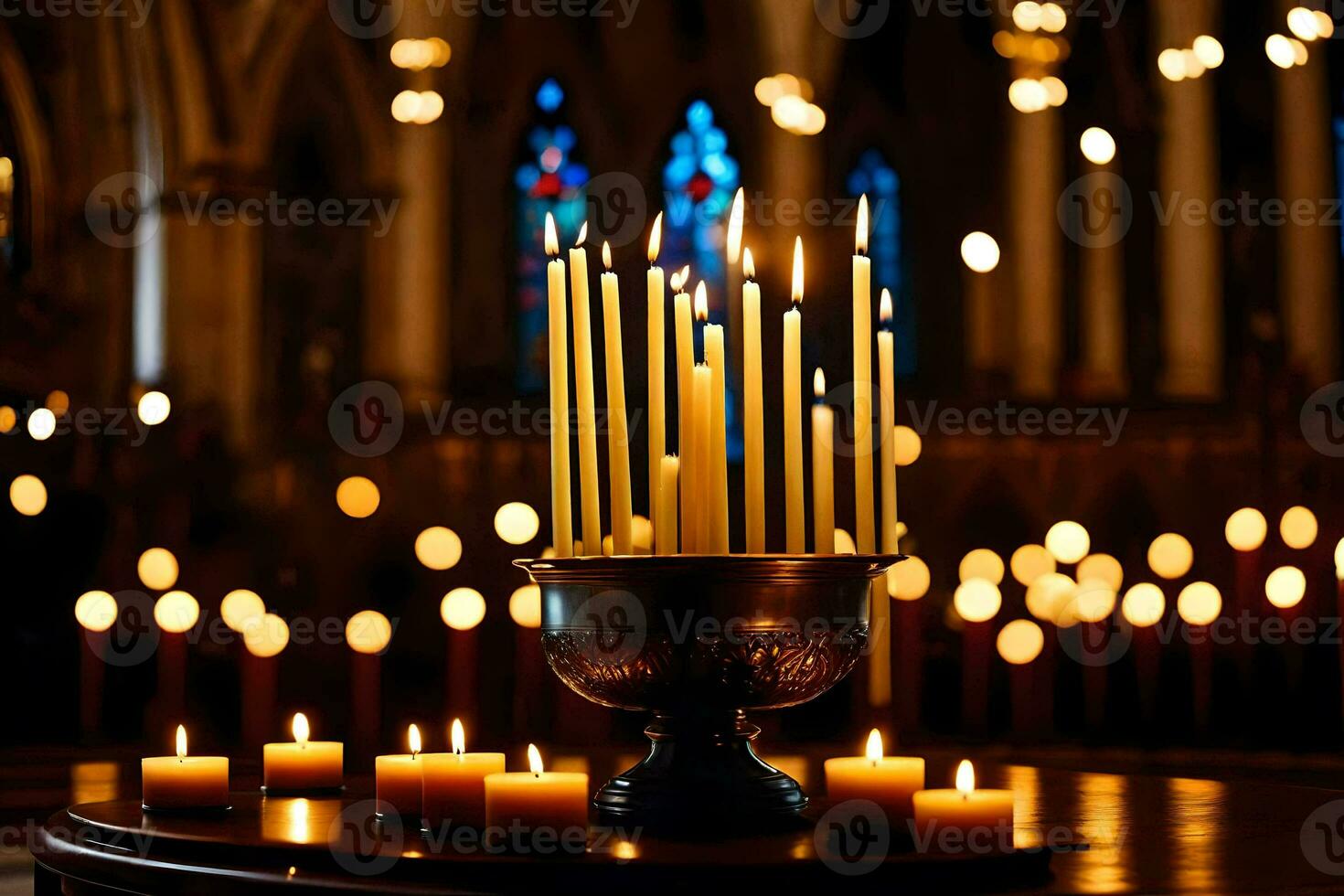 candles are lit in a church with candles in the background. AI-Generated photo