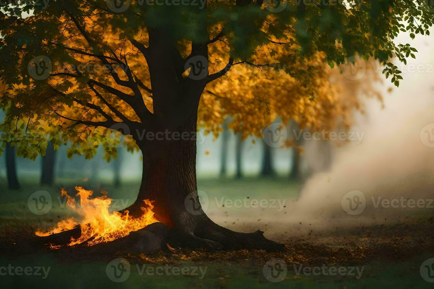 a tree with smoke coming out of it in the middle of the forest. AI-Generated photo