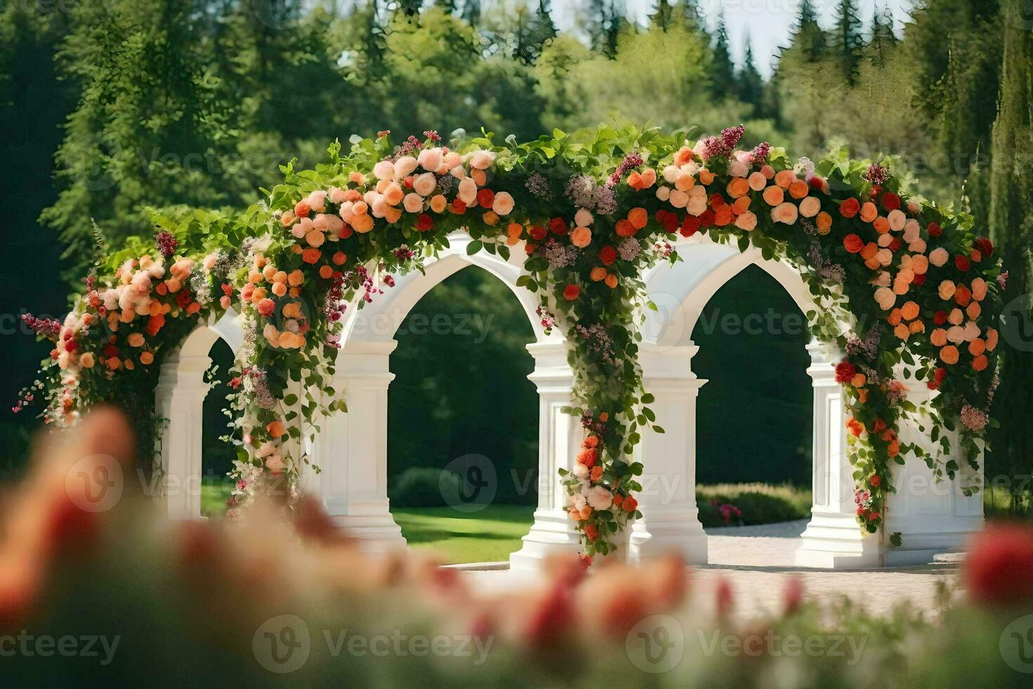 a wedding arch with flowers in the background. AI-Generated photo