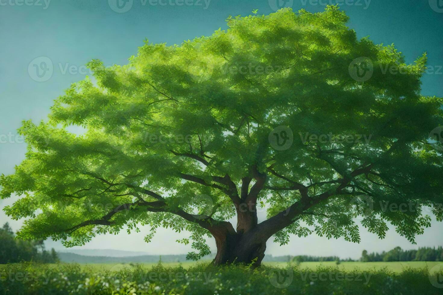 a large tree in a field with green leaves. AI-Generated photo