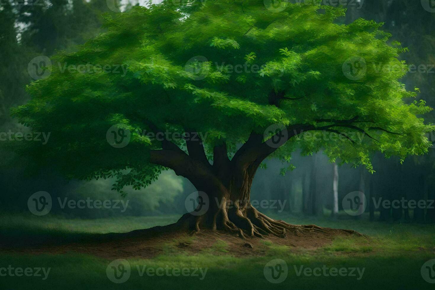 a large tree in the middle of a forest. AI-Generated photo