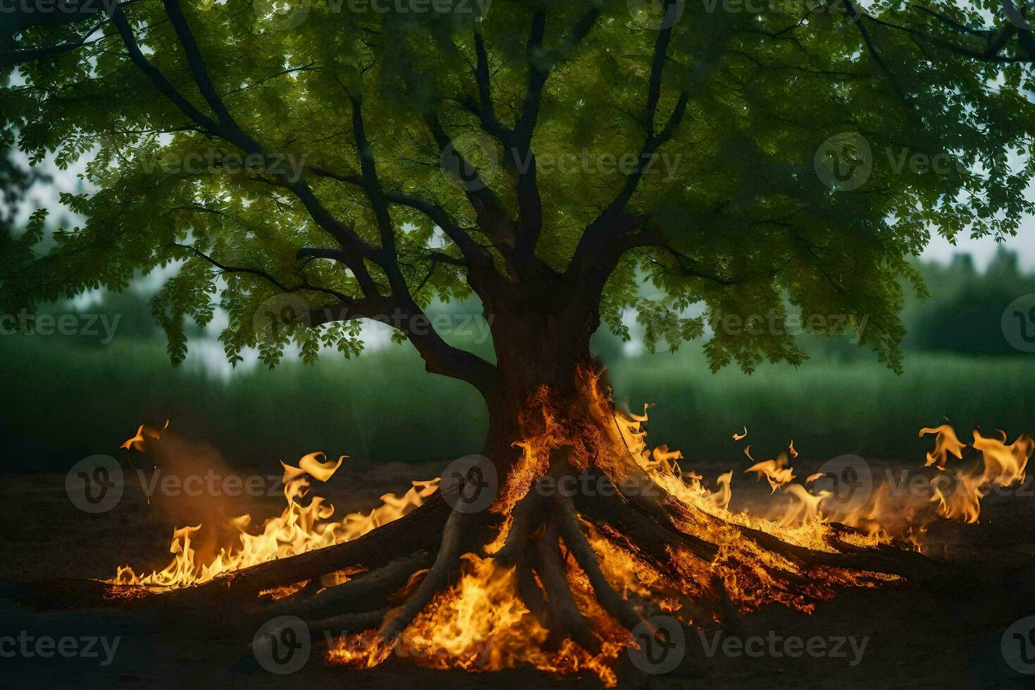 a tree with flames coming out of it. AI-Generated photo