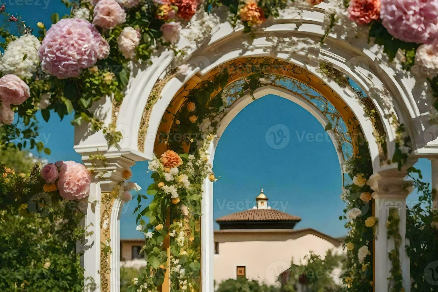 a wedding arch with flowers and greenery. AI-Generated photo