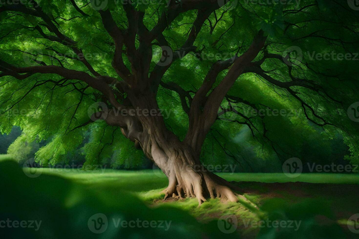 a large tree in the middle of a green field. AI-Generated photo