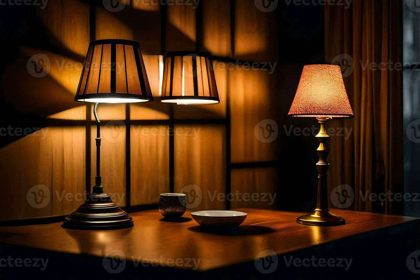 two lamps on a table in a dark room. AI-Generated photo