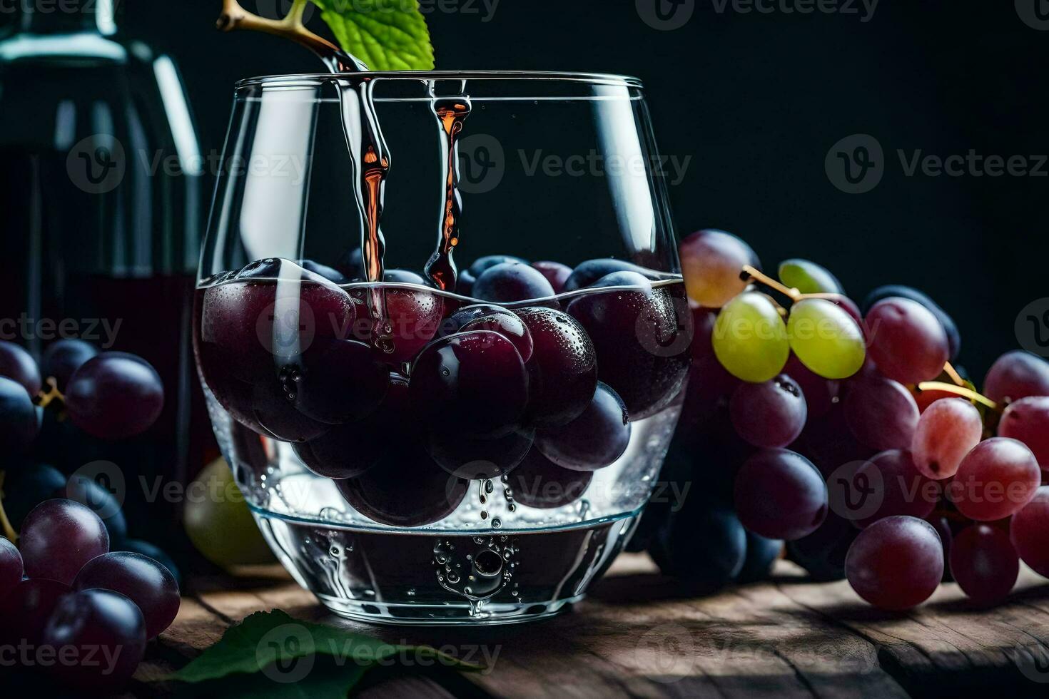 grapes in a glass with a bottle of wine. AI-Generated photo