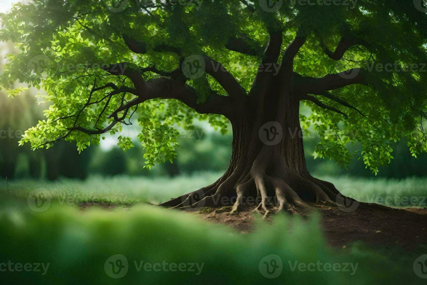 a large tree with roots in the grass. AI-Generated photo